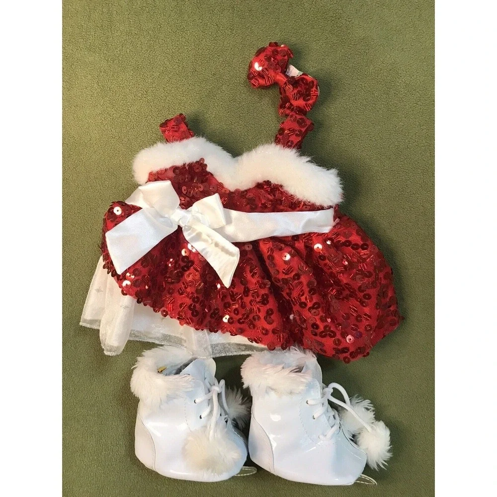 Build A Bear Red Sequin‎ Bow Dress White Ice Skates Sparkle 4 piece Lot